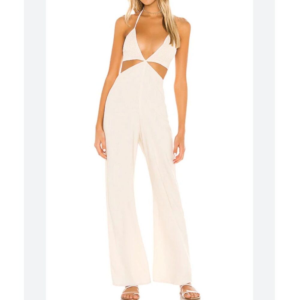 Indah V-neck Cut Out Halter Linen Blend Jumpsuit Cream XS